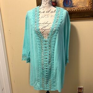 La Blanca Aqua Crochet-Front Swim Coverup Dress Tunic